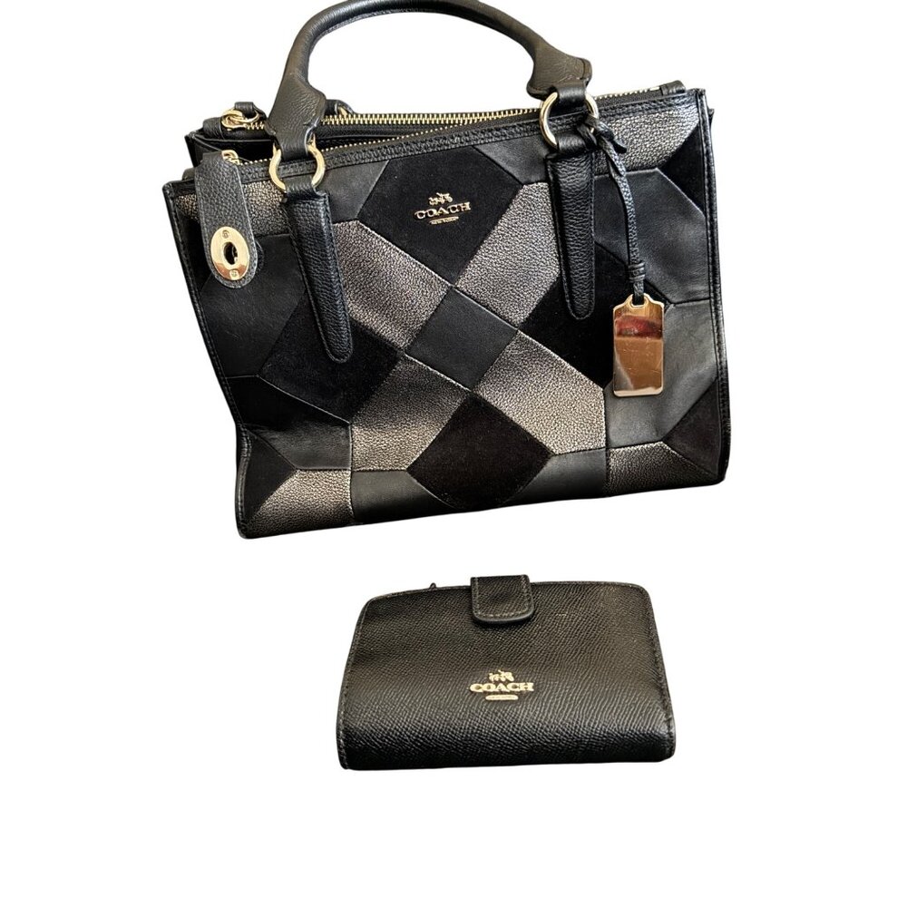Coach Black Leather Patchwork Handbag & Matching Wallet Set With Gold Tone Hardw